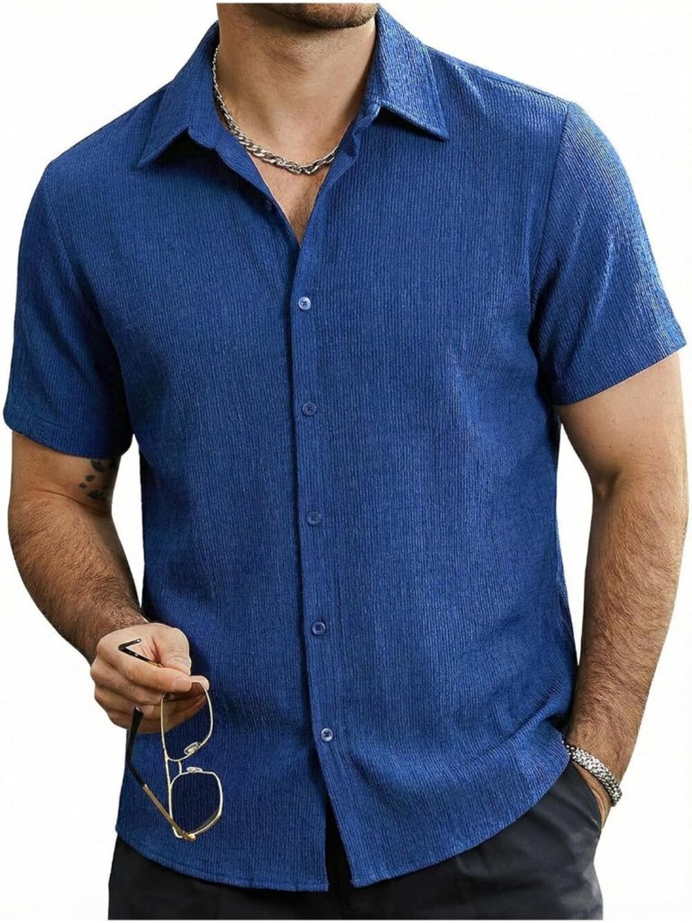 Mens Pure Deep Blue Short Sleeve Beach Hawaiian Summer Striped Button Down Shirt